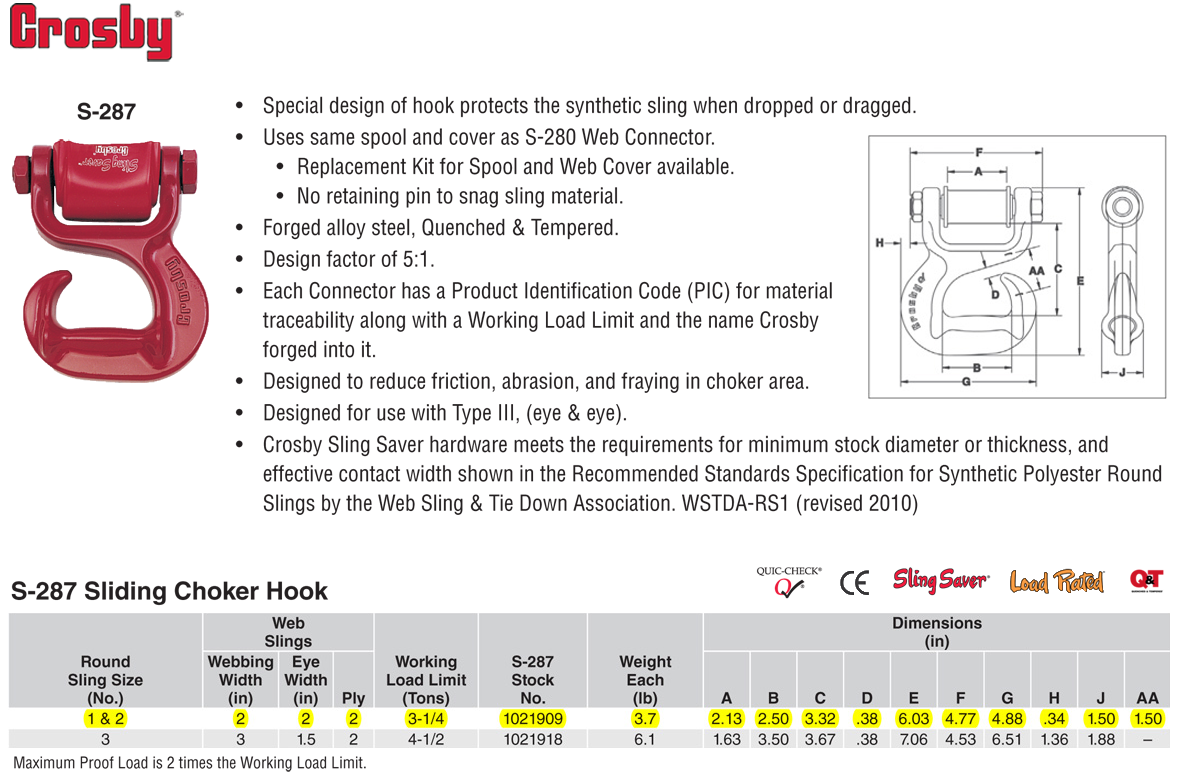 31/4 Ton Crosby S287 Sliding Choker Hooks Wesco Industries